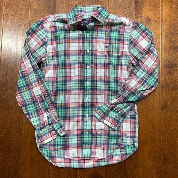 Vineyard Vines Whale Button Down Plaid Green Pink Shirt Cotton Men's Size XS - Picture 4 of 9